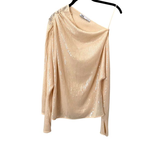 ZARA‎ Sequined One Shouldered Blouse Cream Large - Picture 1 of 5
